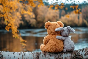 Lonely brown teddy bear hugs fluffy stuffed toy bunny sitting on fallen birch tree trunk near tranquil river on autumn day backside view