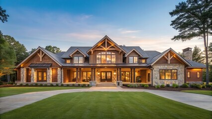 Opulent Ranch Style House With Sprawling Grounds at Twilight. Generative AI