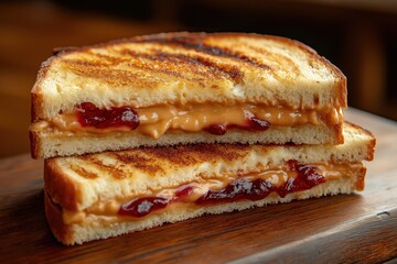Classic peanut butter and jelly sandwich with creamy peanut butter, jelly, white bread