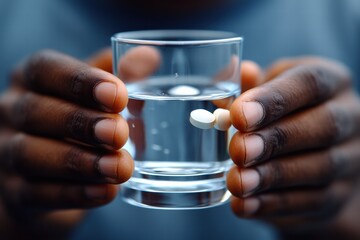Man holds pill over glass of water preparing to take medication at home