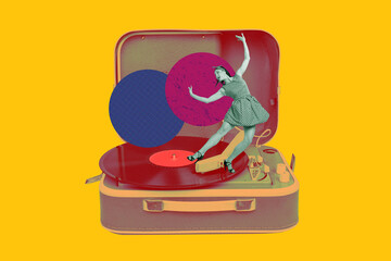 Exclusive art banner collage of happy pinup girl wear dotted dress dance retro vinyl disk soundtrack celebration party relax