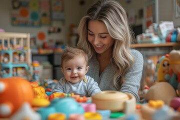 Fototapeta premium Mother happily engages with her baby in a vibrant nursery filled with toys and learning materials
