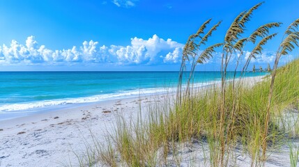 A beach with a body of water and a bunch of grass