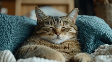 Naklejka premium Tabby cat napping on cozy blankets indoors