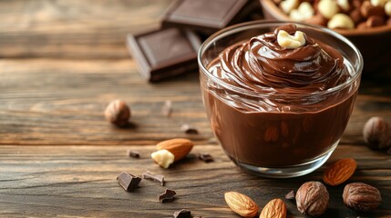 A glass filled with smooth chocolate spread and nuts on a wooden table, with space for text