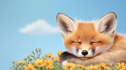 Obraz premium Cute Red Fox Kit Sleeping Amidst Yellow Flowers