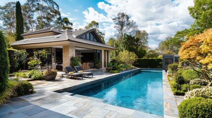 Luxury Backyard Oasis Modern House with Infinity Pool and Lush Landscaping