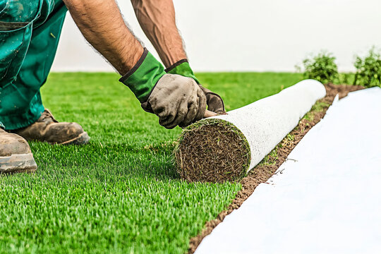 lawn installation expert positioning grass rolls, precise landscaping method