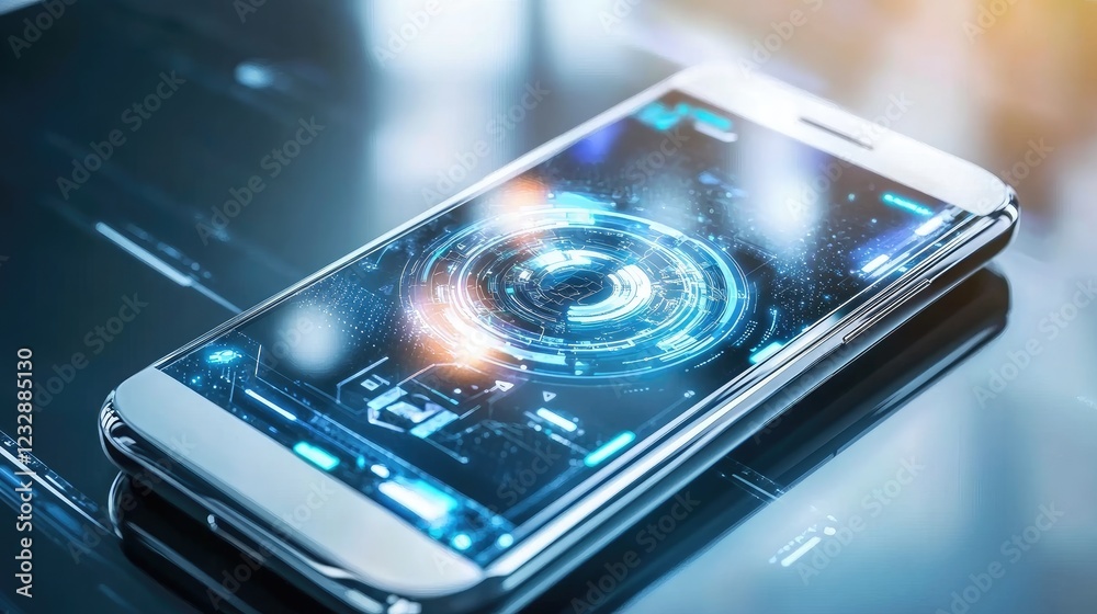 Poster Futuristic Smartphone Displaying Advanced Technology Interface