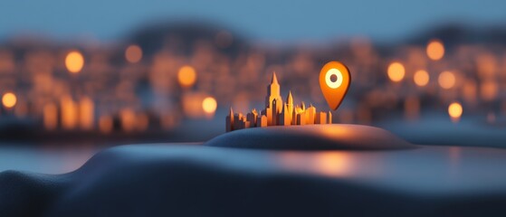 3d location pin icon hovering over miniature city skyline at night, perfect for travel, tourism, and navigation concepts.