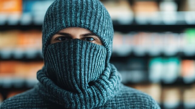A person wearing a knitted hat and scarf, creating a mysterious vibe while shopping in a modern store.