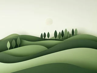 Gardinen paper cut landscape with green hills, trees, and a sun in the sky © Priya