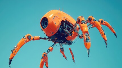 Futuristic Orange Robotic Spider Drone In Flight