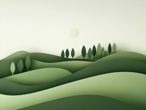 paper cut landscape with green hills, trees, and a sun in the sky