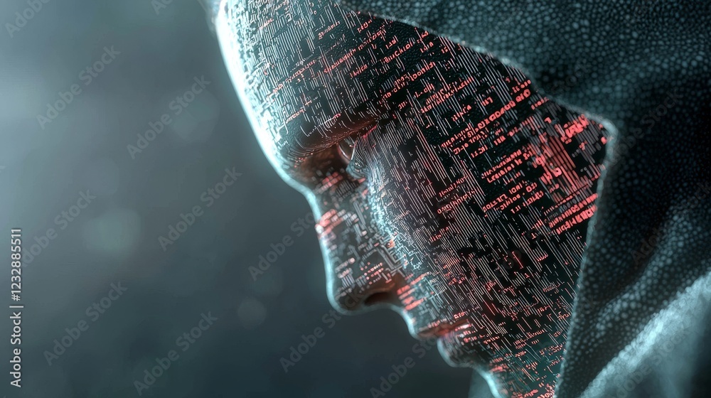 Poster side view of an advanced stock computer head, adorned with shimmering lines and blinking data