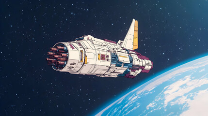Fototapeta premium Retro spaceship orbiting Earth in space.