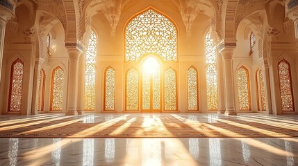 Obraz premium Sunlight illuminating the detailed carvings inside a mosque, graceful architecture and beauty