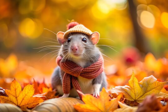 rat in a hat and scarf on an outumn