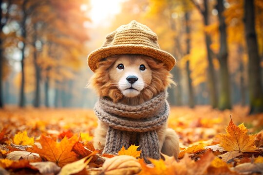 dog in a hat and scarf on an outumn
