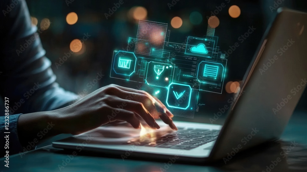 Poster Person using laptop with digital interface showing data management