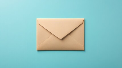 A top-view of an envelope with a blank letter on a light blue background