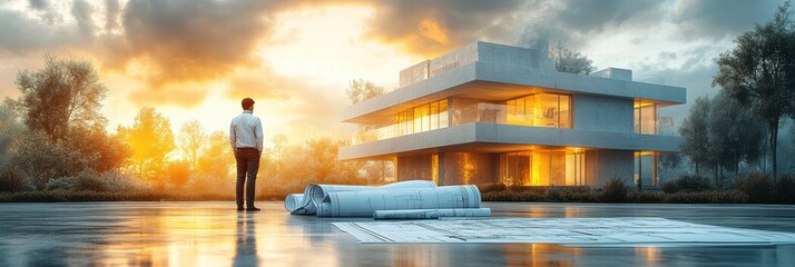 Architect examining blueprints at sunset by modern house with vibrant landscape