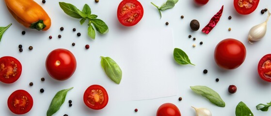 fresh tomatoes, herbs, spices, and a yellow pepper arranged on a white background with copy space