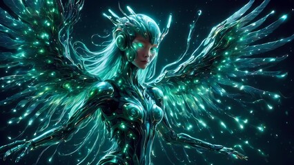 angle wallpaper fine art photography-style depiction of a futuristic robotic bird transforming into a humanoid android with flowing metallic green hair