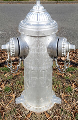 Newly silver repainted fire hydrant.