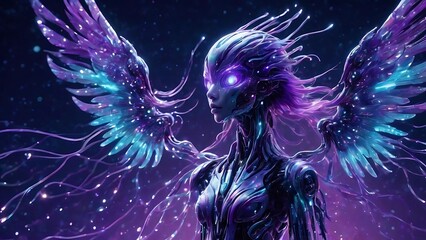 angle wallpaper fine art photography-style depiction of a futuristic robotic bird transforming into a humanoid android with flowing metallic purple hair