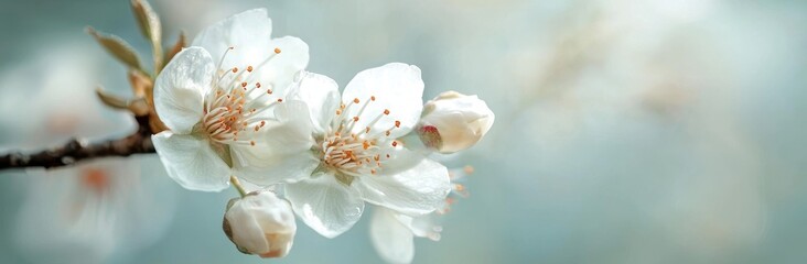 A festive banner adorned with spring flowers and flowering cherry branches set against a soft light green background