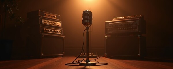 A vintage microphone stands alone in a dimly lit studio, flanked by amplifiers. Perfect for music, audio, and performance-related projects.