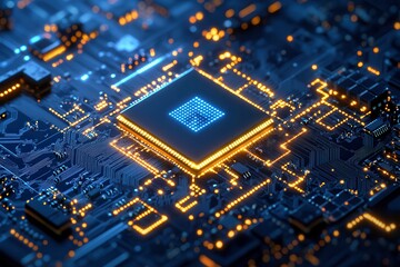 Brightly Glowing AI Chip on a Light Circuit Board With a Blue Technology Background. Generative AI