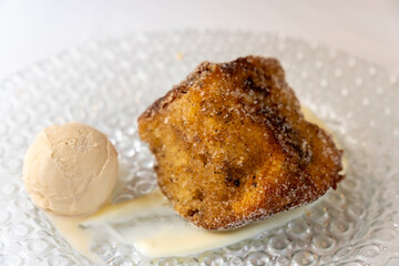 Torrija with ice cream Spanish dessert fried bread with milk and sugar