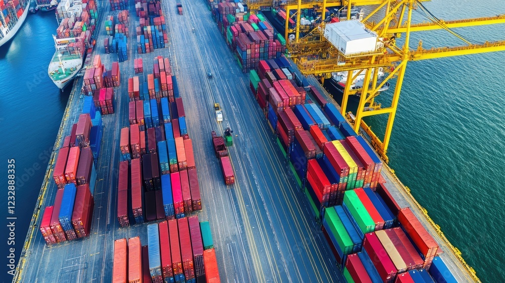 Poster aerial view of cargo containers at a busy port