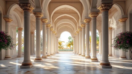 Naklejka premium Elegant Islamic architecture with detailed columns and high arches, spacious and serene 
