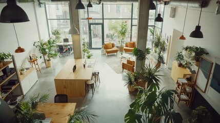 Fototapeta premium Modern Office Interior Design with Abundant Greenery