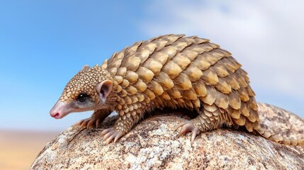 Obraz premium Tan Pangolin on Desert Rock Under Blue Sky