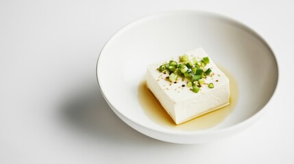 A simple bowl of plain tofu with a light drizzle of sesame oil and a sprinkle of scallions, served in a minimalist white ceramic bowl, Tofu centered