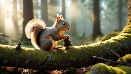 Obraz premium A squirrel is sitting on a mossy log in a forest. The scene is peaceful and serene, with the sunlight filtering through the trees and casting a warm glow on the moss