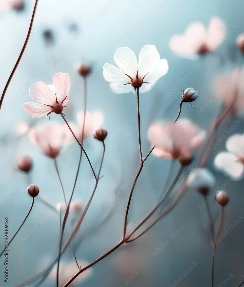 Wall mural Spring forest with white primrose flowers on a picturesque blue background. Macro shot. Soft, blurred sky-blue backdrop. Ideal as a floral background for desktop wallpaper or a postcard. Captures a