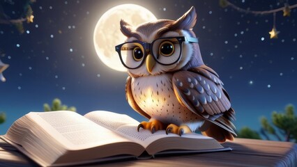 Obraz premium A cartoon owl is sitting on top of an open book with a moon in the background. The owl is wearing glasses and he is reading the book. Concept of curiosity and intelligence