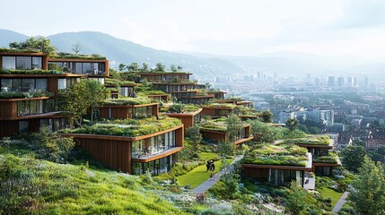 Obraz premium Hillside eco-friendly housing complex with green roofs and city view.