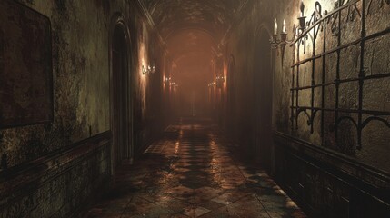 Dimly Lit Haunted Hallway with Eerie Atmosphere and Shadows