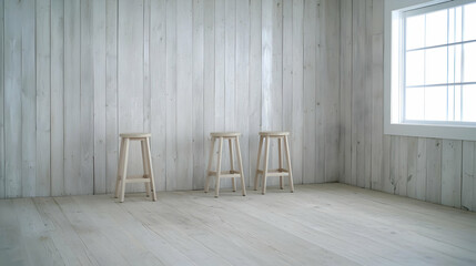 Three wooden stools in a bright room, white wood walls, large window