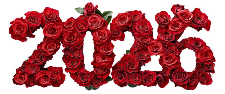 2026 made of red roses, isolated on transparent cutout background