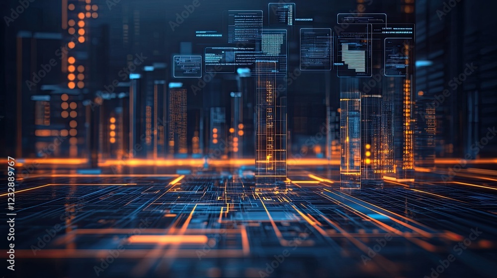 Poster Futuristic Cityscape Illuminated by Digital Code and Data Streams