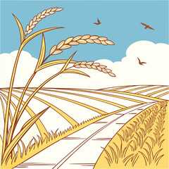 Minimalist Flat Design of a Rice Field with a Bright Blue Sky