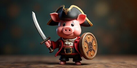 A whimsical cartoon pig dressed as a pirate, brandishing a sword and shield, perfect for children's entertainment, games, or marketing materials.