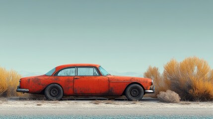 Vibrant red car with flat tire parked by dusty roadside among desert bushes